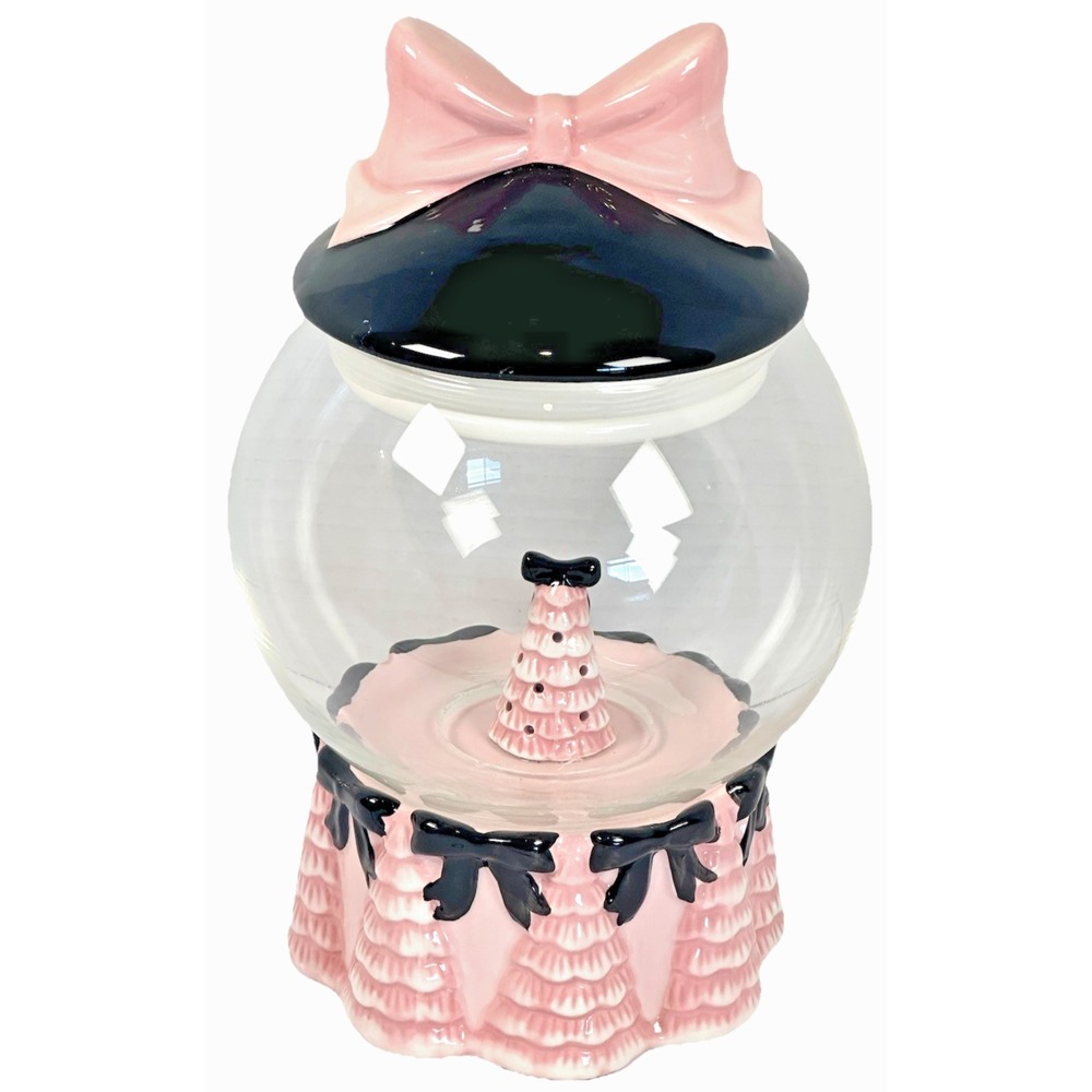 Peppermint & Pine Light Up Glass Candy Jar Pink Black Bow Christmas Decor